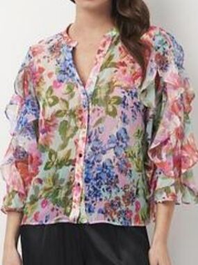 Zara Colorful Floral Ruffle Sleeve Blouse Multicolor Semi Sheer XS